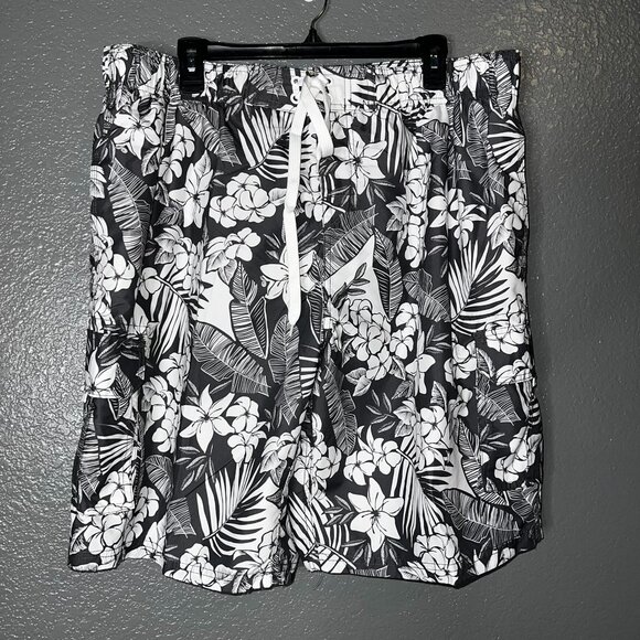 Kanu Surf Men’s Swim Trunks 2X Black White Floral Hawaiian Board Shorts Pockets - Picture 1 of 4